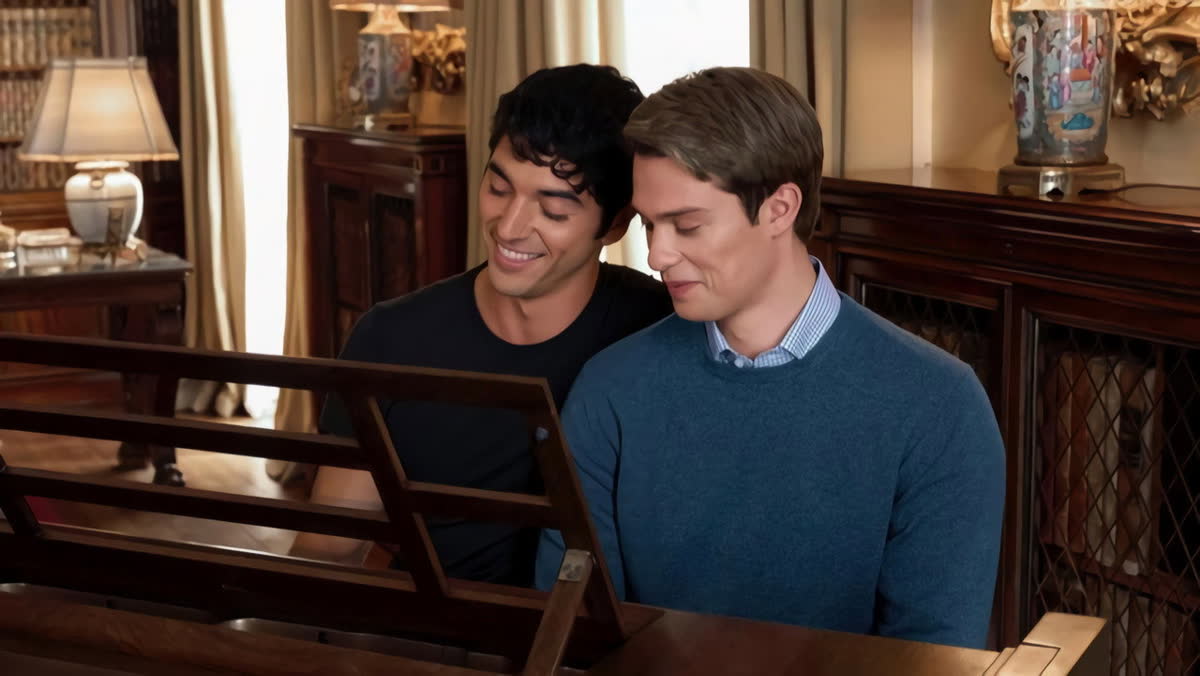 Alex and Henry sitting together at a piano in Red, White & Royal Blue